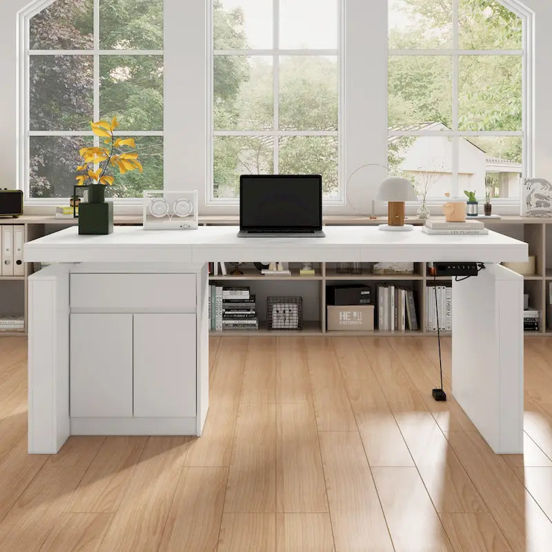 Ergonomic Sit-Stand Desk Pure White Elegance with Side Cabinet Table