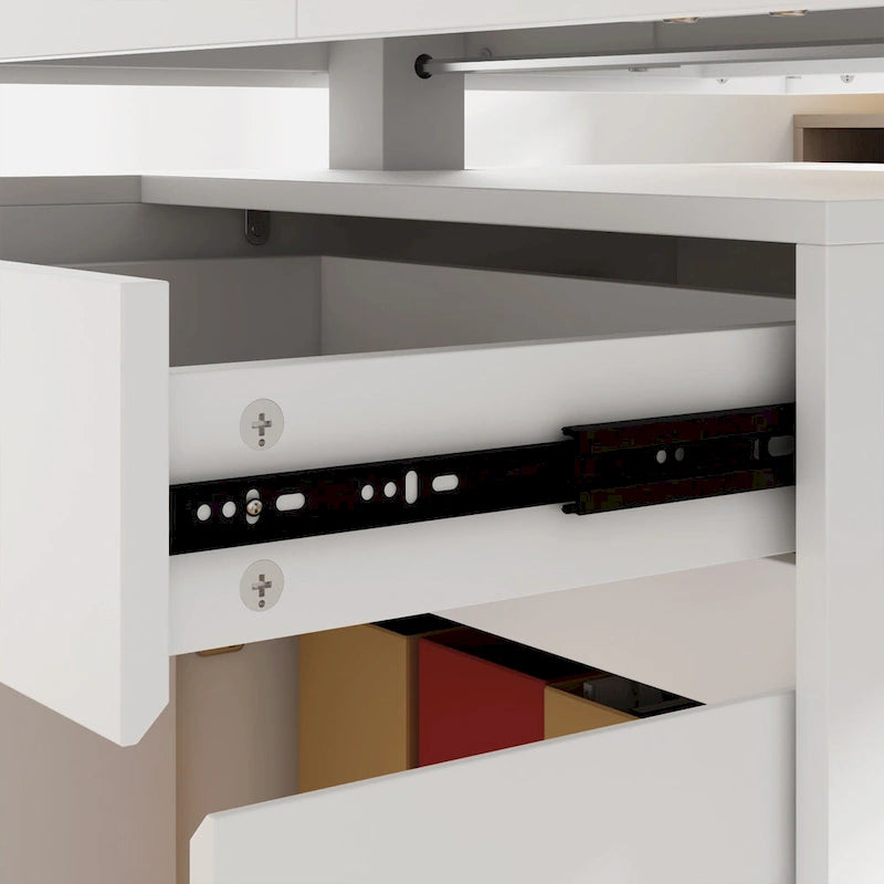 Ergonomic Sit-Stand Desk Pure White Elegance with Side Cabinet Table
