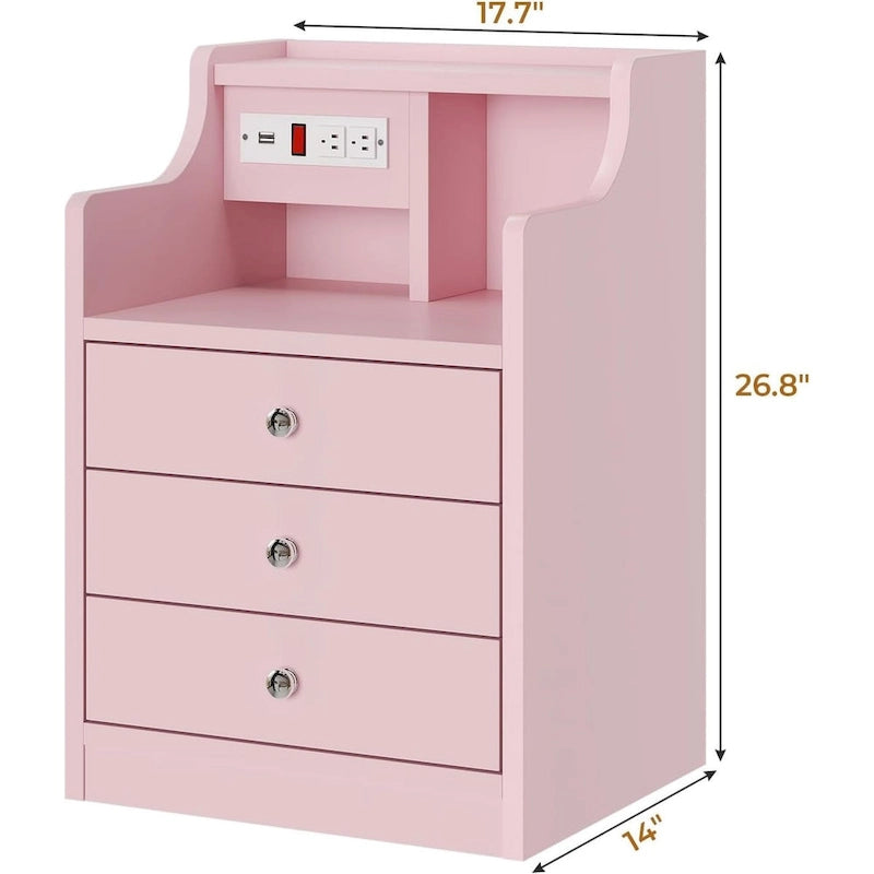 Nightstand 3 Drawers Charging Station End Side Table Bedroom
