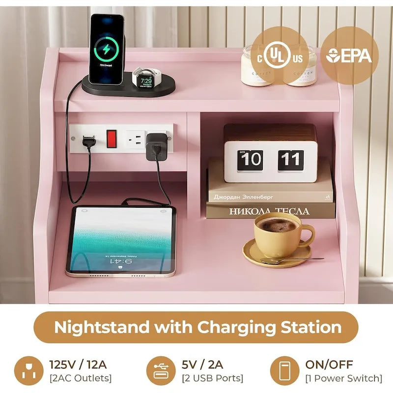 Nightstand 3 Drawers Charging Station End Side Table Bedroom