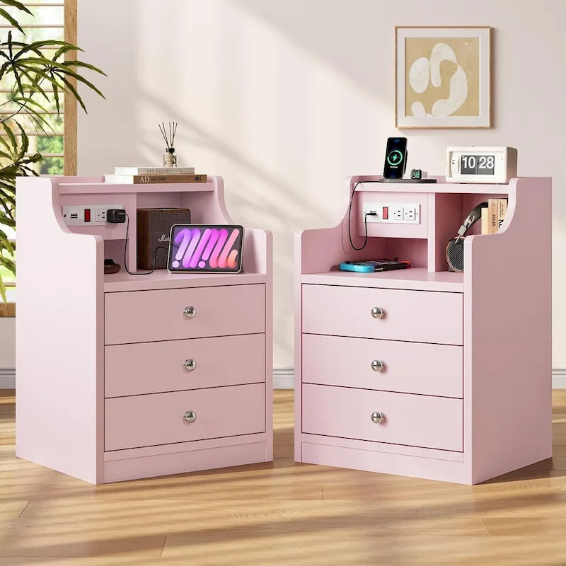 Nightstand 3 Drawers Charging Station End Side Table Bedroom