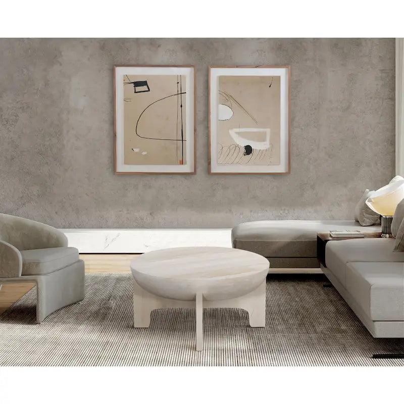Tomas 32 Inch Coffee Table, Mango Wood Drum Top, Classic Washed White
