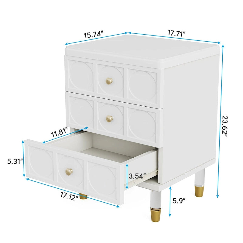 Nightstand Bedside Table with 3 Drawers, Bedroom Tall Night Stands Sofa End Table with Storage for Bedroom, Living Room