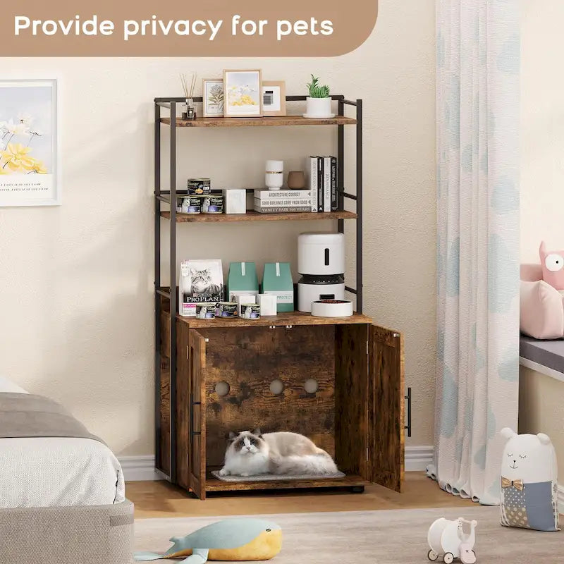 2-in-1 Cat Litter Box Enclosure with with 3 Shelves and Door