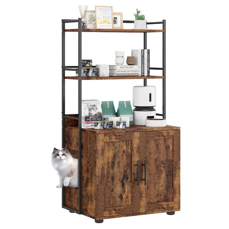 2-in-1 Cat Litter Box Enclosure with with 3 Shelves and Door