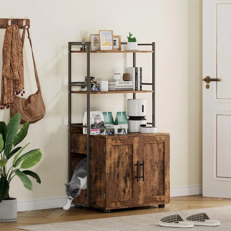 2-in-1 Cat Litter Box Enclosure with with 3 Shelves and Door