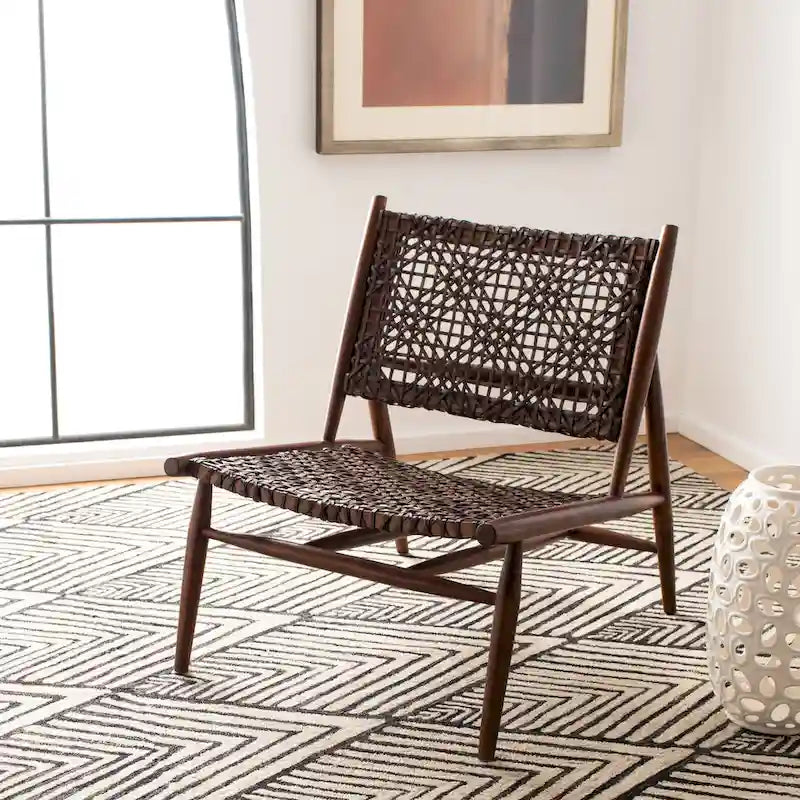 SAFAVIEH Queenie Bandelier Open Leather Weave Squared Accent Chair - 26 W x 32 D x 31 H - 26Wx31Dx31H