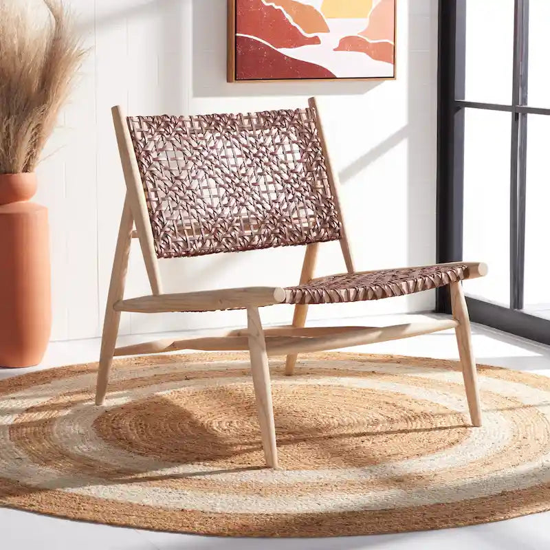 SAFAVIEH Queenie Bandelier Open Leather Weave Squared Accent Chair - 26 W x 32 D x 31 H - 26Wx31Dx31H