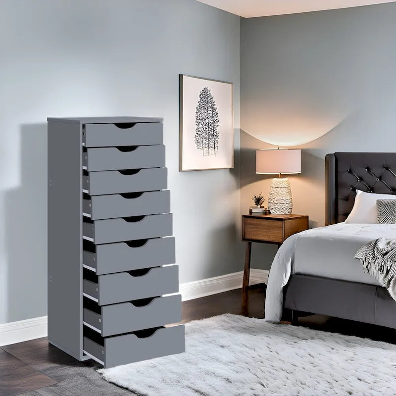 Narrow Wooden 9-Drawer Cabinet with Smooth-Glide Drawers and Top Storage Shelf