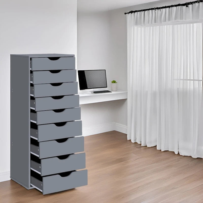 Narrow Wooden 9-Drawer Cabinet with Smooth-Glide Drawers and Top Storage Shelf