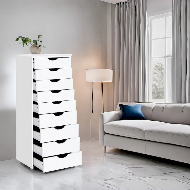 Narrow Wooden 9-Drawer Cabinet with Smooth-Glide Drawers and Top Storage Shelf