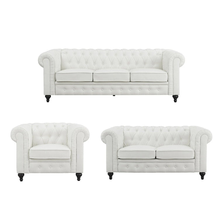 Chesterfield 3 Piece Living Room Sectional Sofa Set with Rolled Arms Button Tufted Cushion Sofa Loveseat for Living Room