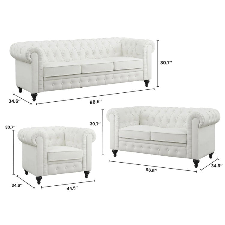 Chesterfield 3 Piece Living Room Sectional Sofa Set with Rolled Arms Button Tufted Cushion Sofa Loveseat for Living Room
