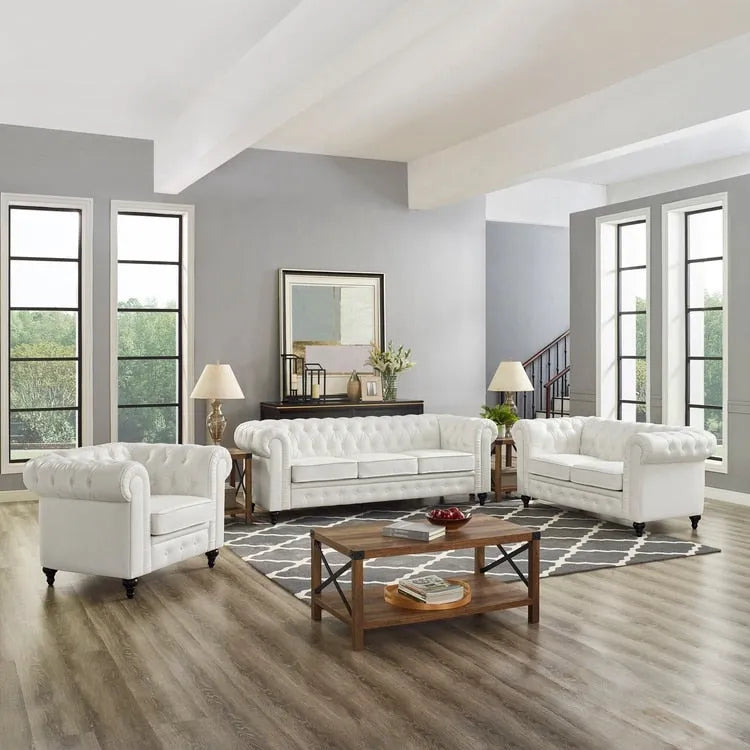 Chesterfield 3 Piece Living Room Sectional Sofa Set with Rolled Arms Button Tufted Cushion Sofa Loveseat for Living Room