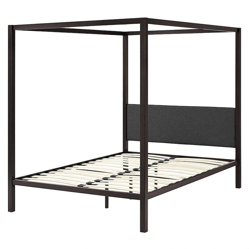 Queen size Brown Metal Canopy Bed Frame with Grey Upholstered Headboard