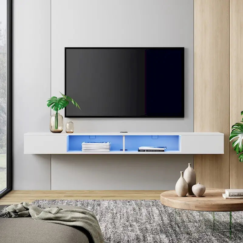 WAMPAT 70 Inch Floating TV Shelf With LED Lights, Floating TV Stand Under TV Media Console for Living Room - 70 inch