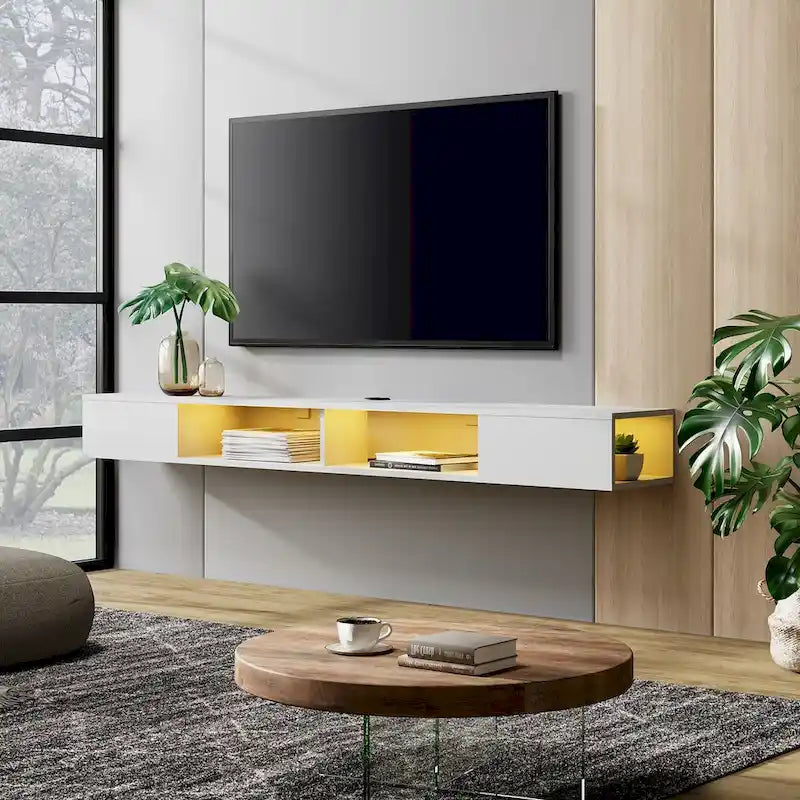 WAMPAT 70 Inch Floating TV Shelf With LED Lights, Floating TV Stand Under TV Media Console for Living Room - 70 inch