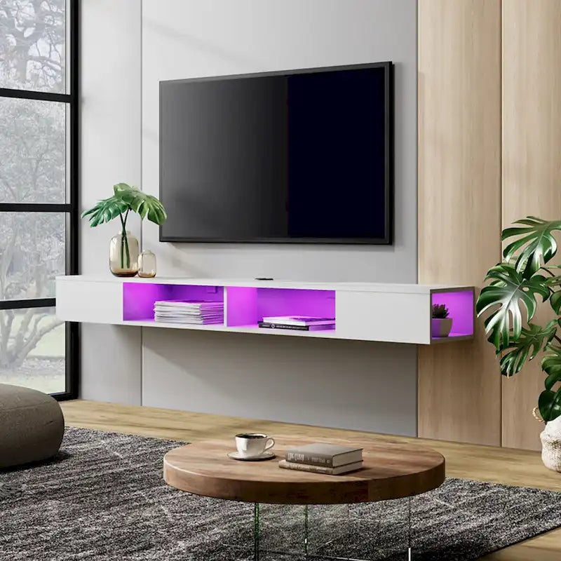 WAMPAT 70 Inch Floating TV Shelf With LED Lights, Floating TV Stand Under TV Media Console for Living Room - 70 inch