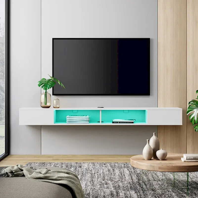 WAMPAT 70 Inch Floating TV Shelf With LED Lights, Floating TV Stand Under TV Media Console for Living Room - 70 inch