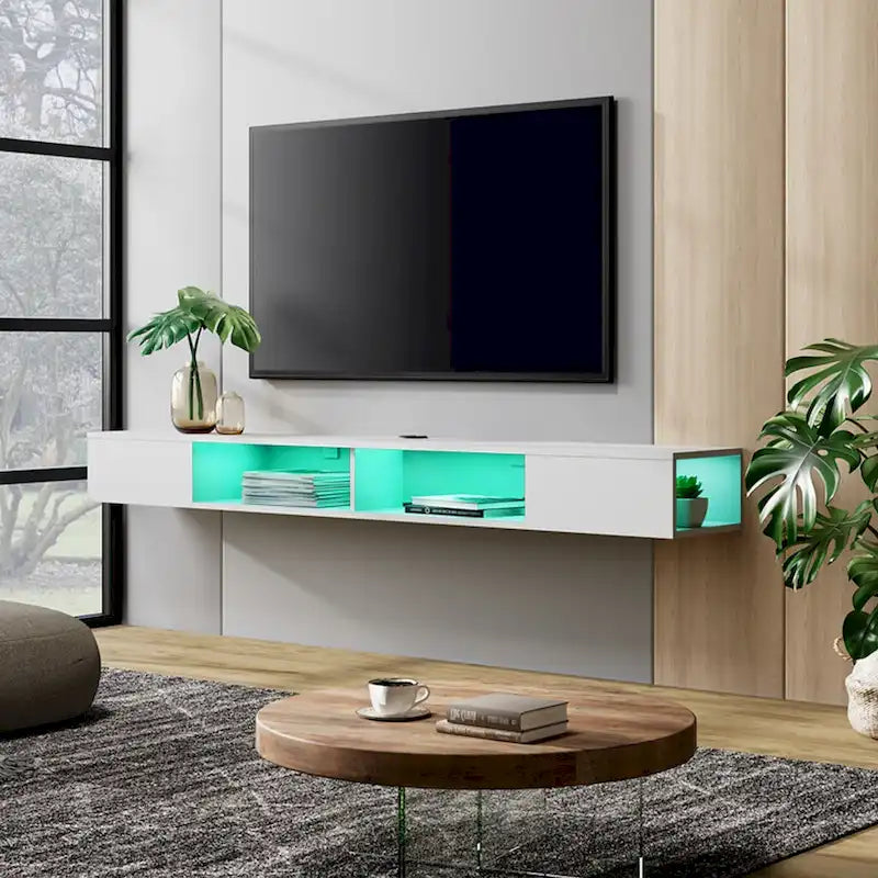 WAMPAT 70 Inch Floating TV Shelf With LED Lights, Floating TV Stand Under TV Media Console for Living Room - 70 inch