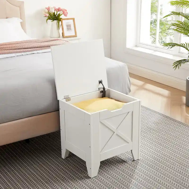 VECELO Storage Bench, Wooden Chest for Storage with Wicker Mat Safety Hinges,Entryway Shoe Bench Storage Trunk Industrial Style