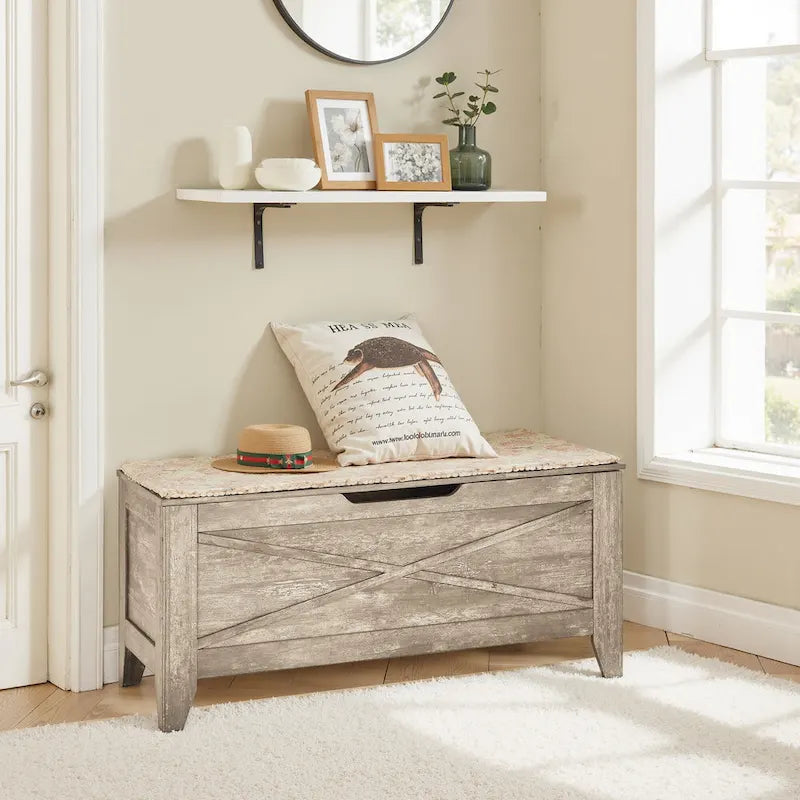 VECELO Storage Bench, Wooden Chest for Storage with Wicker Mat Safety Hinges,Entryway Shoe Bench Storage Trunk Industrial Style