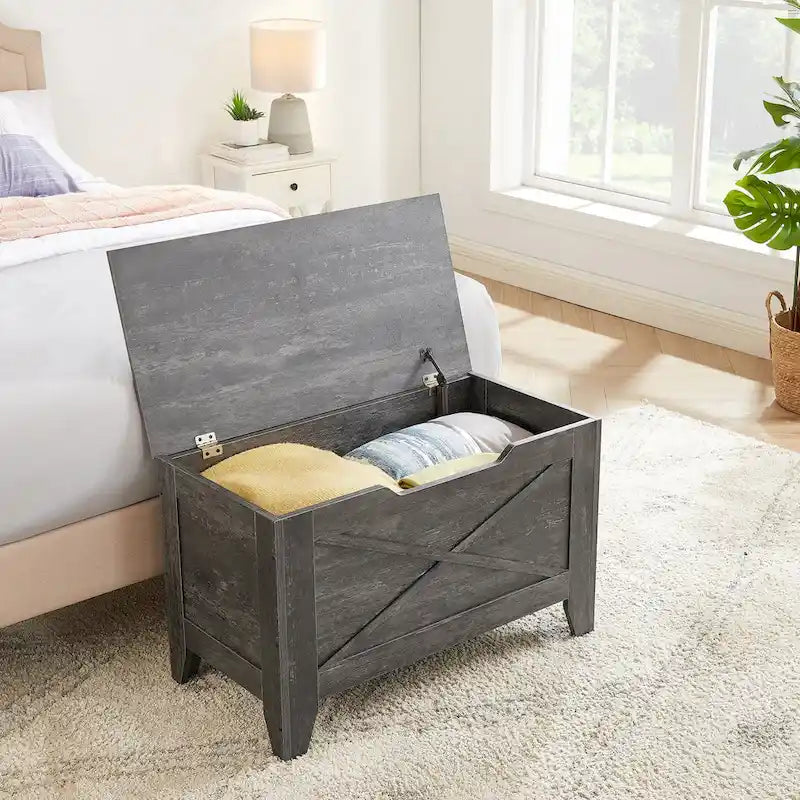 VECELO Storage Bench, Wooden Chest for Storage with Wicker Mat Safety Hinges,Entryway Shoe Bench Storage Trunk Industrial Style