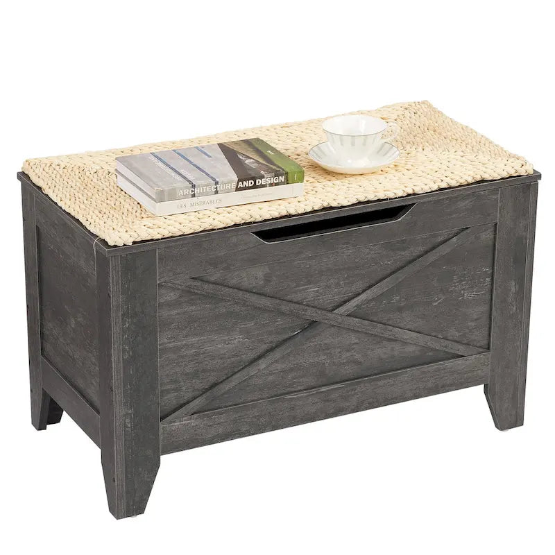VECELO Storage Bench, Wooden Chest for Storage with Wicker Mat Safety Hinges,Entryway Shoe Bench Storage Trunk Industrial Style