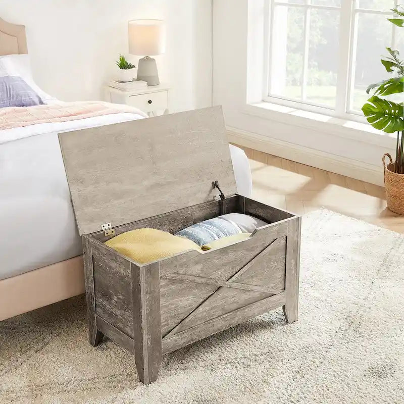 VECELO Storage Bench, Wooden Chest for Storage with Wicker Mat Safety Hinges,Entryway Shoe Bench Storage Trunk Industrial Style