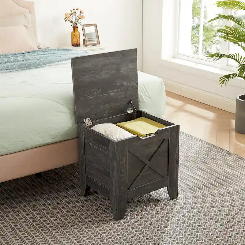 VECELO Storage Bench, Wooden Chest for Storage with Wicker Mat Safety Hinges,Entryway Shoe Bench Storage Trunk Industrial Style