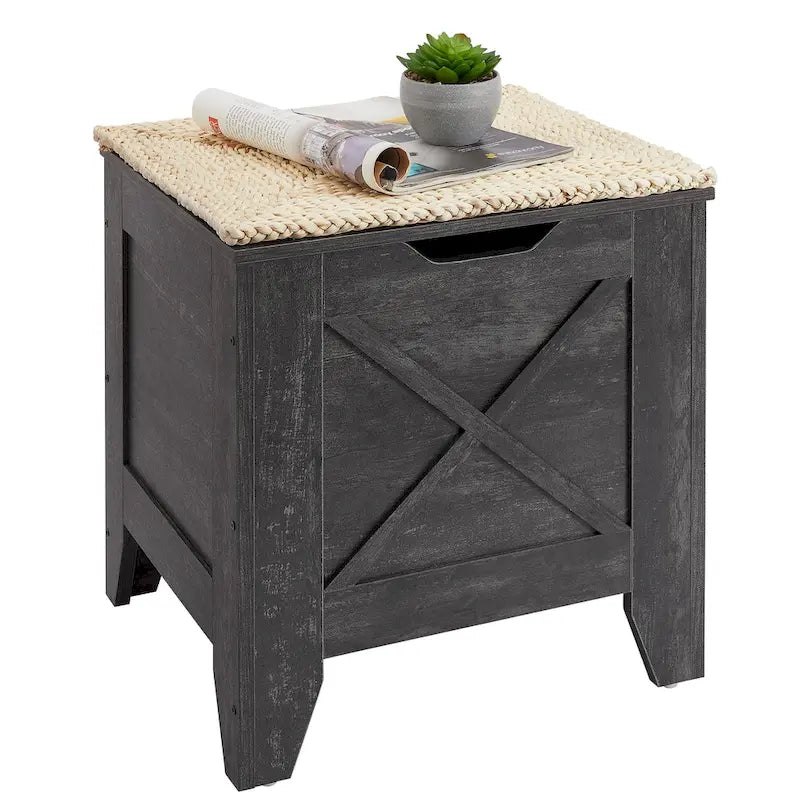 VECELO Storage Bench, Wooden Chest for Storage with Wicker Mat Safety Hinges,Entryway Shoe Bench Storage Trunk Industrial Style