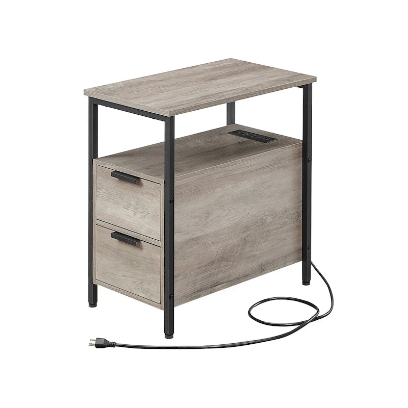 2 Drawers Slim Side End Table Nightstand with 2 Open Shelves and Charging Station for Living Room or Bedroom