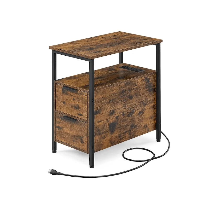 2 Drawers Slim Side End Table Nightstand with 2 Open Shelves and Charging Station for Living Room or Bedroom