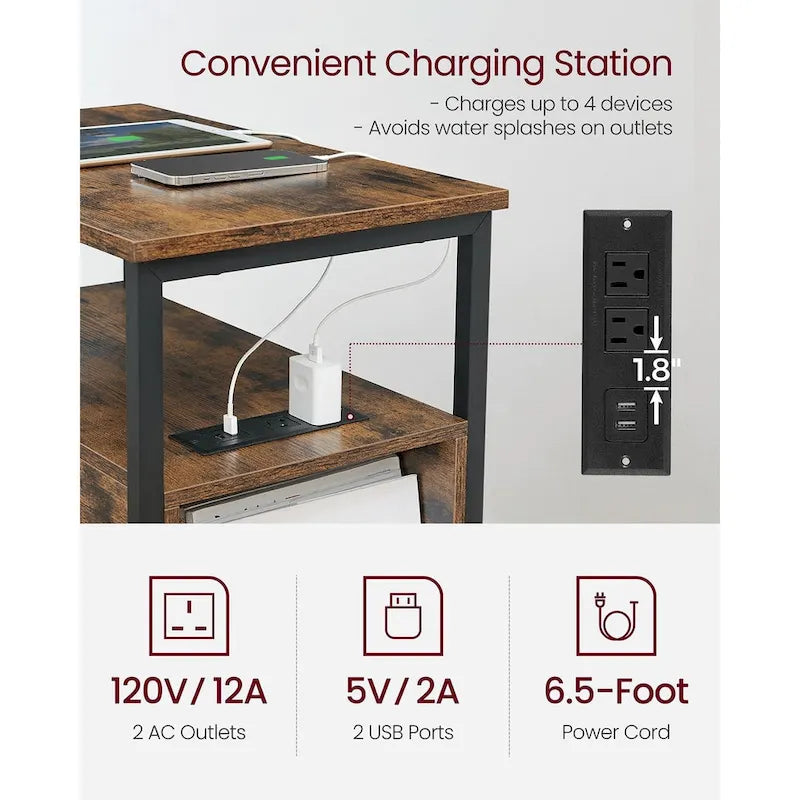 2 Drawers Slim Side End Table Nightstand with 2 Open Shelves and Charging Station for Living Room or Bedroom