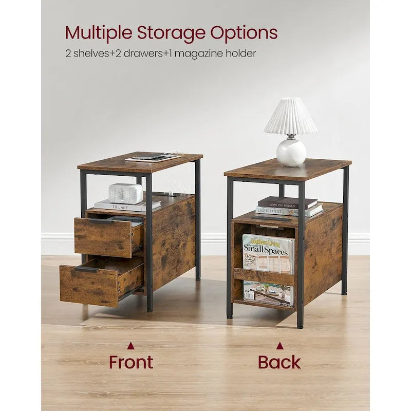 2 Drawers Slim Side End Table Nightstand with 2 Open Shelves and Charging Station for Living Room or Bedroom