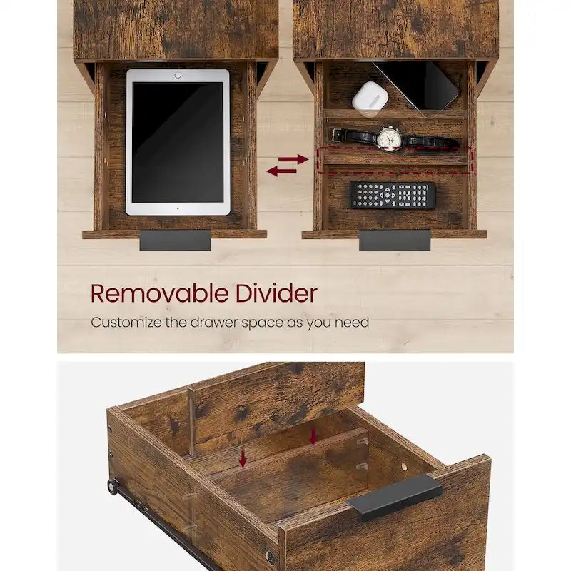 2 Drawers Slim Side End Table Nightstand with 2 Open Shelves and Charging Station for Living Room or Bedroom