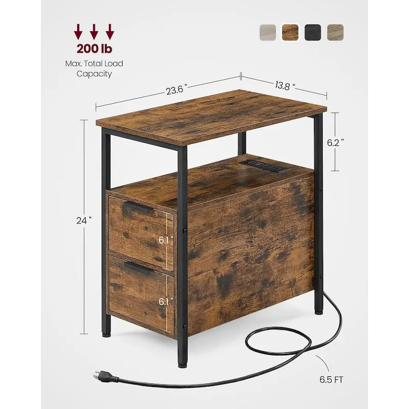 2 Drawers Slim Side End Table Nightstand with 2 Open Shelves and Charging Station for Living Room or Bedroom