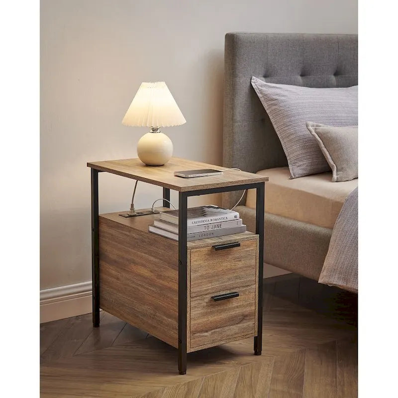 2 Drawers Slim Side End Table Nightstand with 2 Open Shelves and Charging Station for Living Room or Bedroom