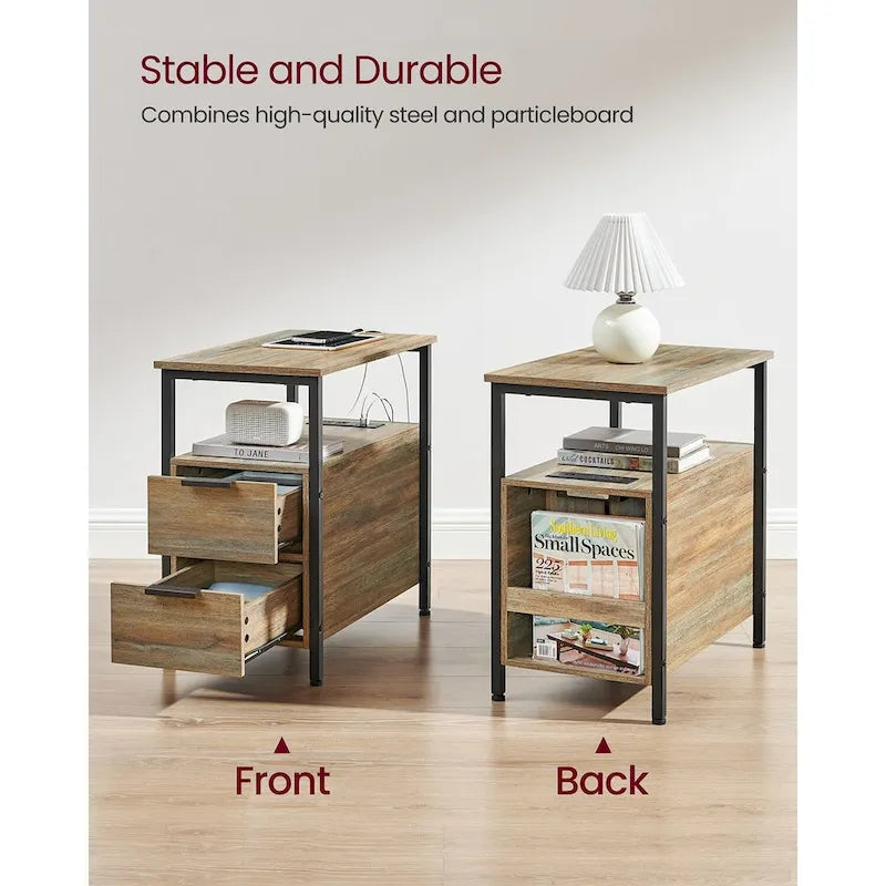2 Drawers Slim Side End Table Nightstand with 2 Open Shelves and Charging Station for Living Room or Bedroom
