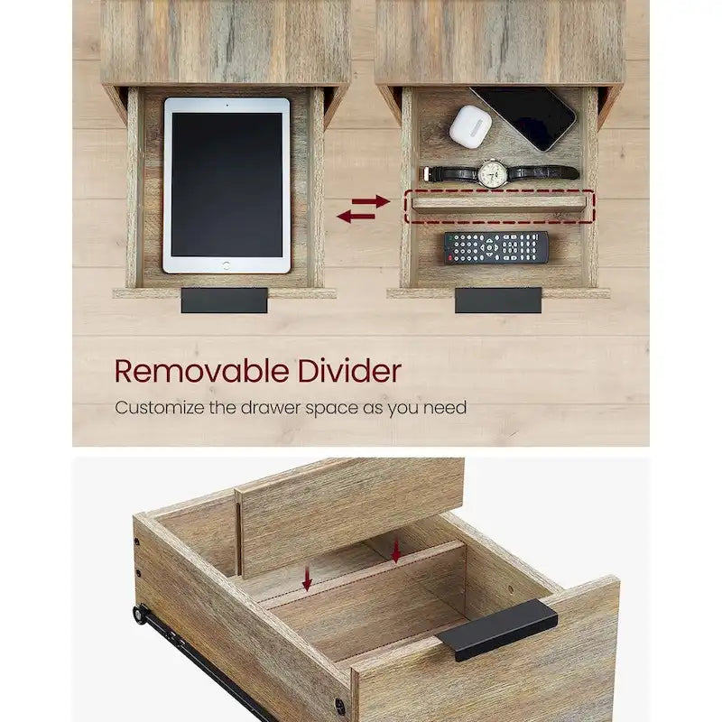 2 Drawers Slim Side End Table Nightstand with 2 Open Shelves and Charging Station for Living Room or Bedroom