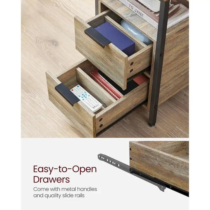 2 Drawers Slim Side End Table Nightstand with 2 Open Shelves and Charging Station for Living Room or Bedroom