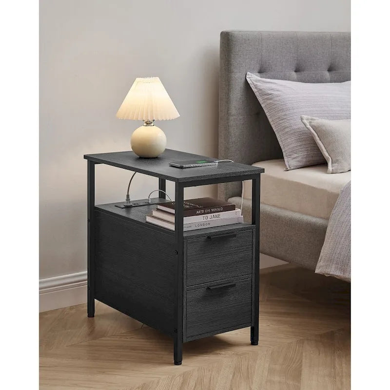 2 Drawers Slim Side End Table Nightstand with 2 Open Shelves and Charging Station for Living Room or Bedroom