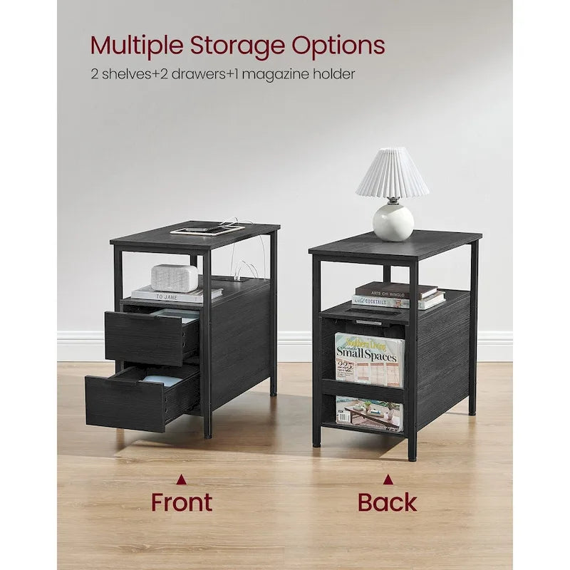 2 Drawers Slim Side End Table Nightstand with 2 Open Shelves and Charging Station for Living Room or Bedroom