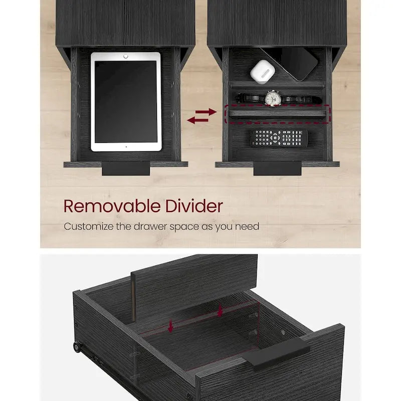2 Drawers Slim Side End Table Nightstand with 2 Open Shelves and Charging Station for Living Room or Bedroom