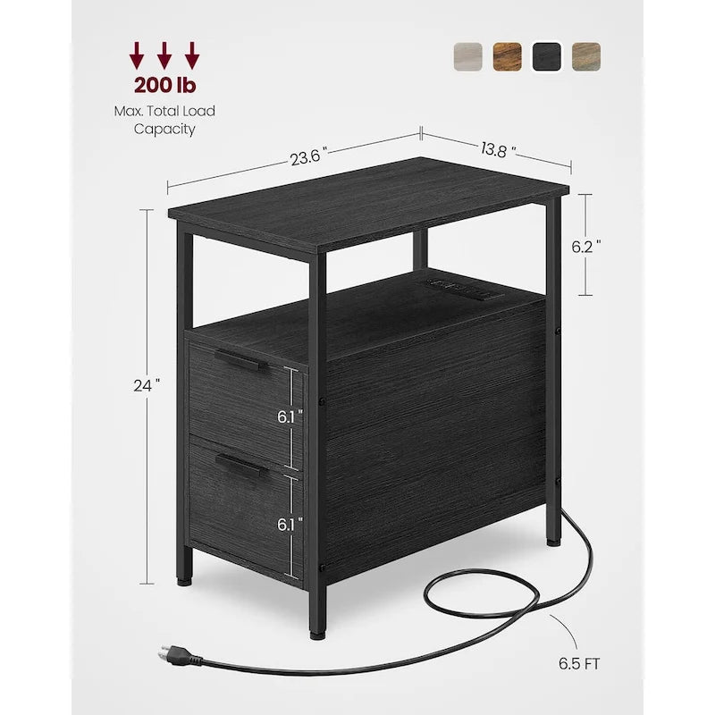 2 Drawers Slim Side End Table Nightstand with 2 Open Shelves and Charging Station for Living Room or Bedroom