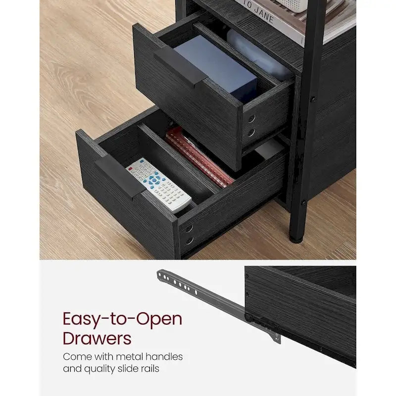 2 Drawers Slim Side End Table Nightstand with 2 Open Shelves and Charging Station for Living Room or Bedroom