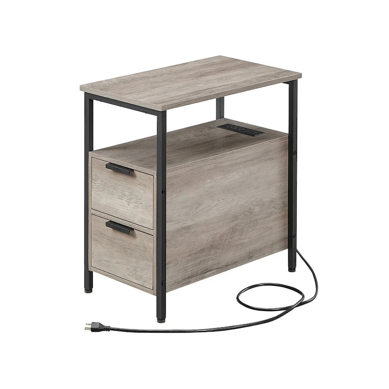 2 Drawers Slim Side End Table Nightstand with 2 Open Shelves and Charging Station for Living Room or Bedroom