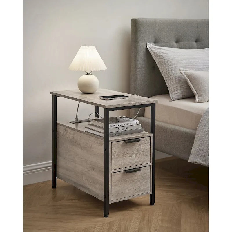 2 Drawers Slim Side End Table Nightstand with 2 Open Shelves and Charging Station for Living Room or Bedroom