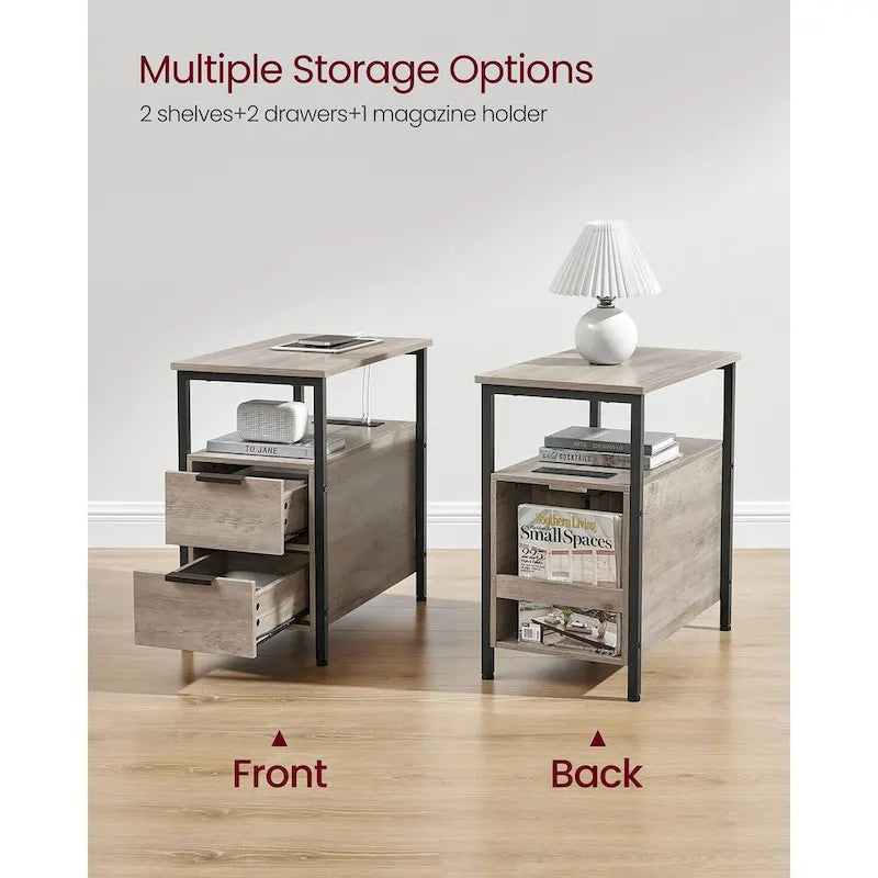 2 Drawers Slim Side End Table Nightstand with 2 Open Shelves and Charging Station for Living Room or Bedroom