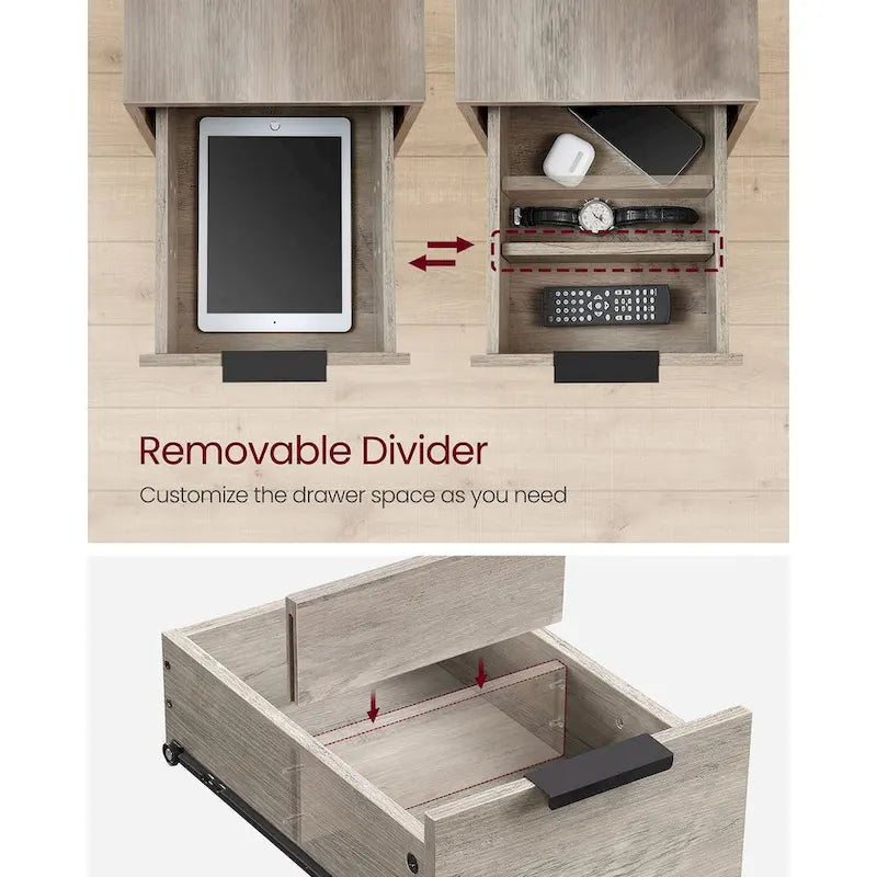 2 Drawers Slim Side End Table Nightstand with 2 Open Shelves and Charging Station for Living Room or Bedroom